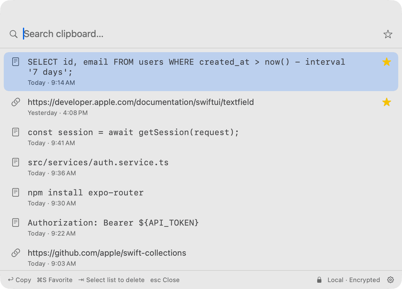 Clip & Board with favorites first: a starred SQL query and a starred Apple documentation link sit above the rest of the history.