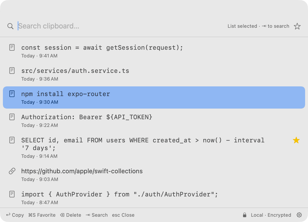 Clip & Board's history list with the third item, “npm install expo-router”, selected from the keyboard. The footer lists the keys: Return to copy, Command-S to favorite, Delete, Tab to search, Escape to close.