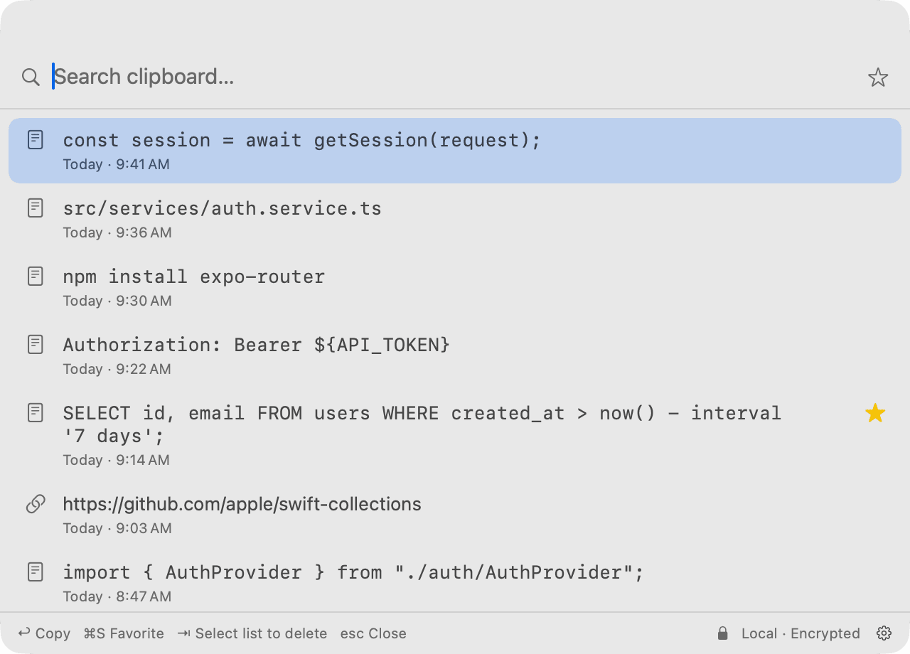 The Clip & Board popup: a search field above a list of copied items, newest first, each with the time it was copied. A command, a file path, an Authorization header, a SQL query marked as a favorite, and a GitHub link.