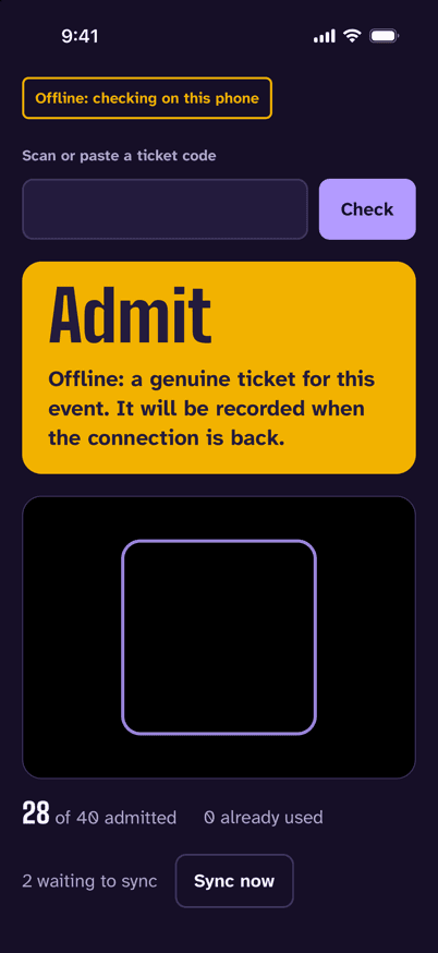 Doorlist's mobile app at the door, offline: a large yellow Admit says the ticket is genuine and will be recorded when the connection is back, with 28 of 40 admitted and 2 scans waiting to sync.