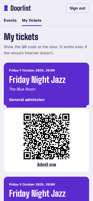 Doorlist's My tickets screen on a phone: a violet paper ticket for Friday Night Jazz, with its QR code on a perforated white stub marked Admit one.