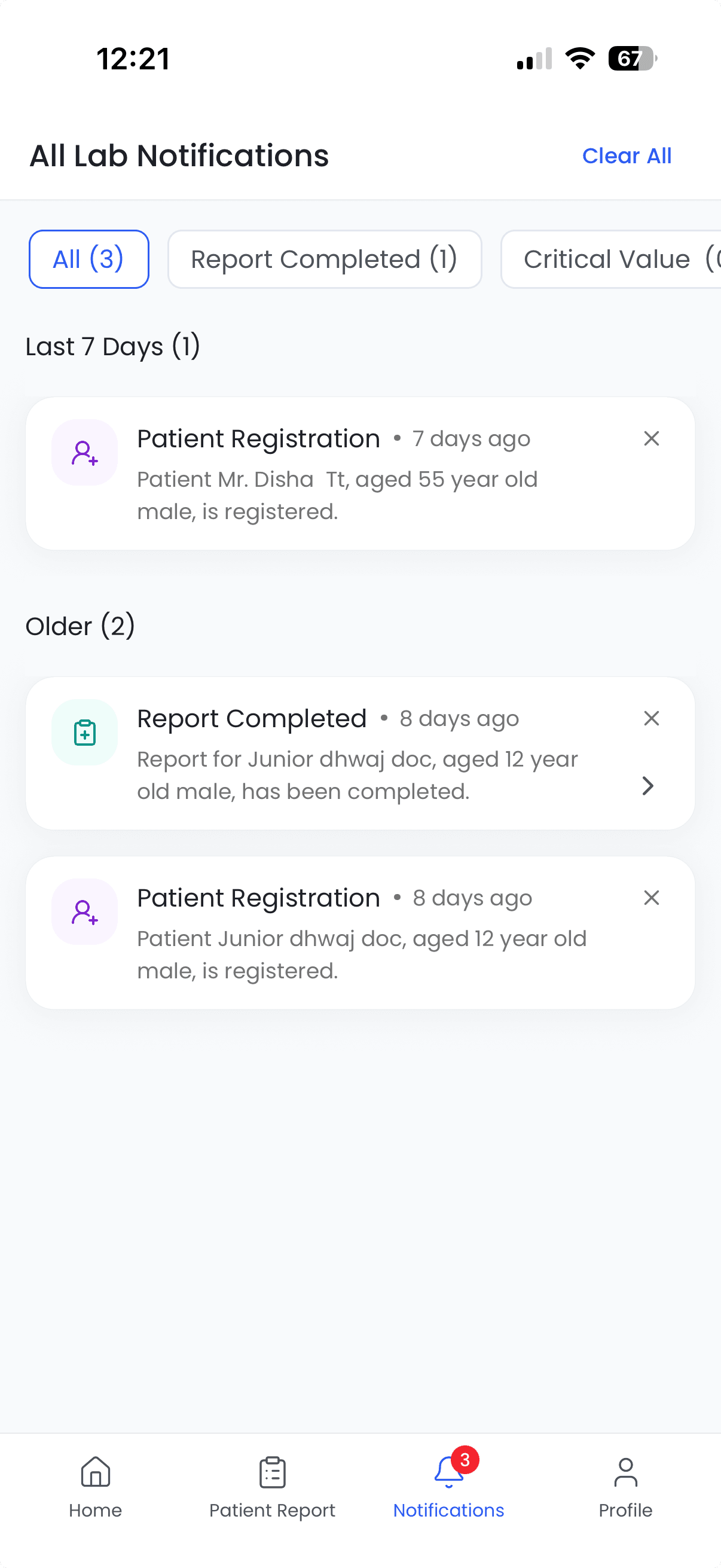 Flabs Doctor App notifications: patient registration and report-completed alerts, filterable by type.