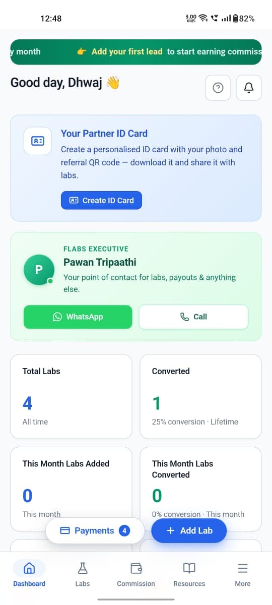 Flabs Partner App dashboard: partner ID card, the assigned Flabs executive contact, and lab pipeline and conversion stats.