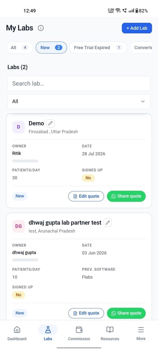 Flabs Partner App lab pipeline: labs the partner has added, filterable by status, with quote actions. Owner phone numbers redacted.