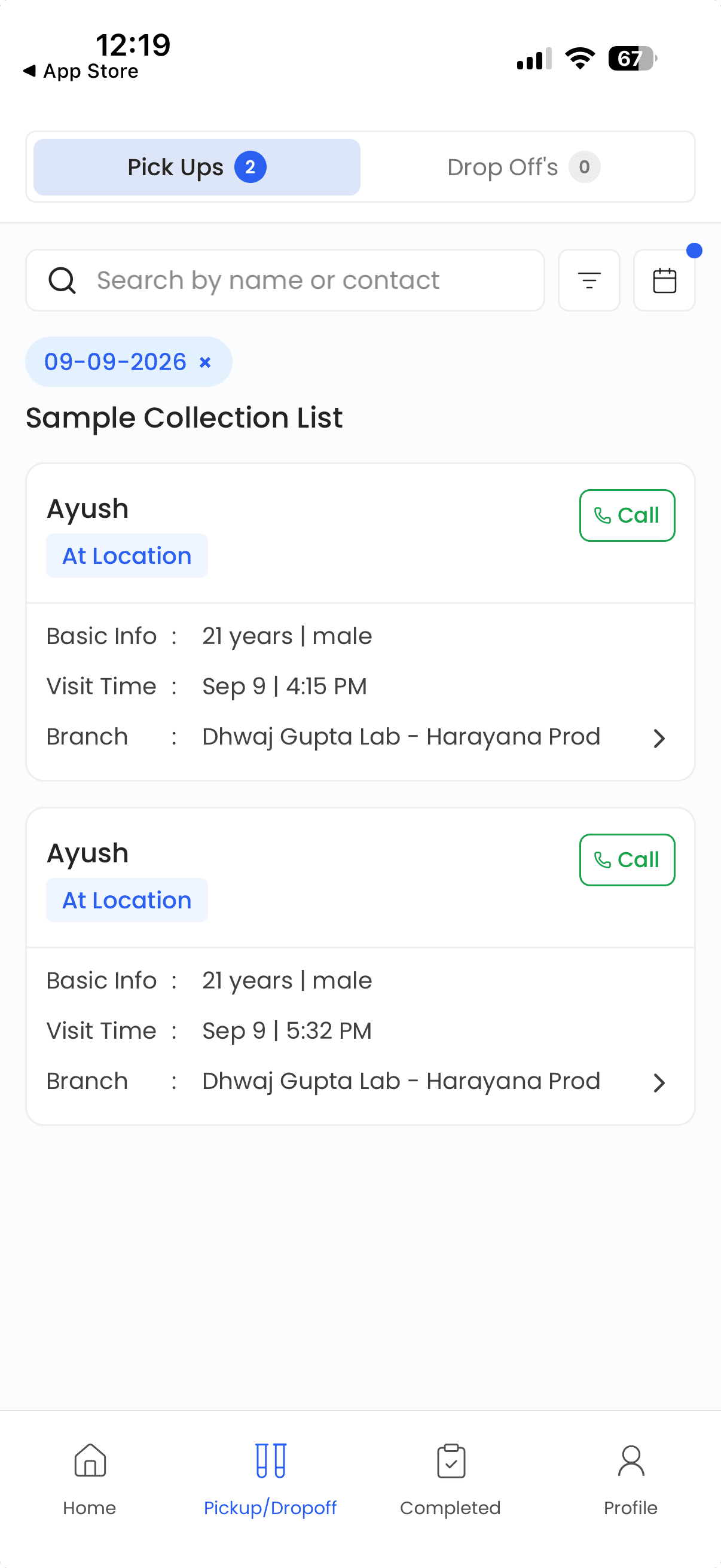 Flabs Phlebotomist pickup list: scheduled sample collections with visit time, branch and an at-location status.
